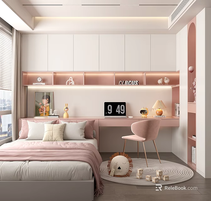 Cozy Kids Room Interior Featuring Pink Bed Desk Chair White Cabinets Decorative Shelf And Rug 3d model 