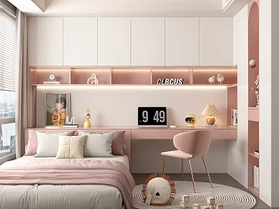 Cozy Kids Room Interior Featuring Pink Bed Desk Chair White Cabinets Decorative Shelf And Rug 3d model