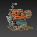 Cartoon Wooden Tavern Scene With Orange Tile Roof Black Flag Beer Mug And Water Wheel