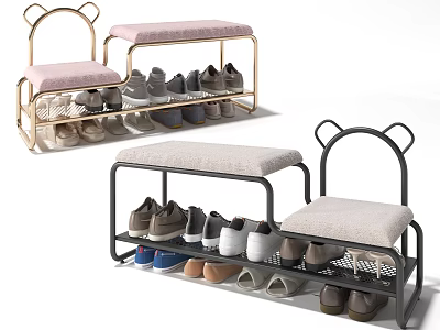 Modern Multi tier Shoe Rack with Bench Gold Black Frame and Pink Gray Upholstered Seat 3d model