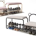Modern Multi tier Shoe Rack with Bench Gold Black Frame and Pink Gray Upholstered Seat