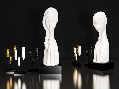 Elegant Decorative Ornament Set With White Female Head Sculptures Black Bases And Candle Holders 3d model