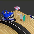 Shark Shaped Car Driving On Beach Road With Surfboards And Colorful Umbrellas
