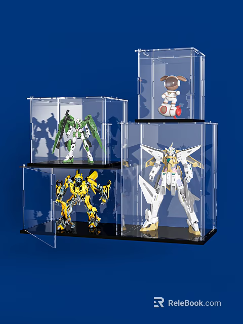 Robot and Rabbit Action Figures Showcased in Clear Acrylic Display Cases on Multi Tiered Shelf 3d model 