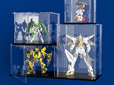 Robot and Rabbit Action Figures Showcased in Clear Acrylic Display Cases on Multi Tiered Shelf 3d model