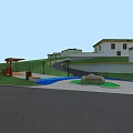 Aerial View Planning of Green Lawn with Curved Path and Wooden Recreational Structure