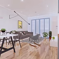 Modern Dining and Living Room Interior With Blue Cabinets Wooden Countertop And Patterned Floor Tiles