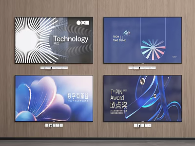 TVs Displaying Various Screens On Wooden Wall 3d model