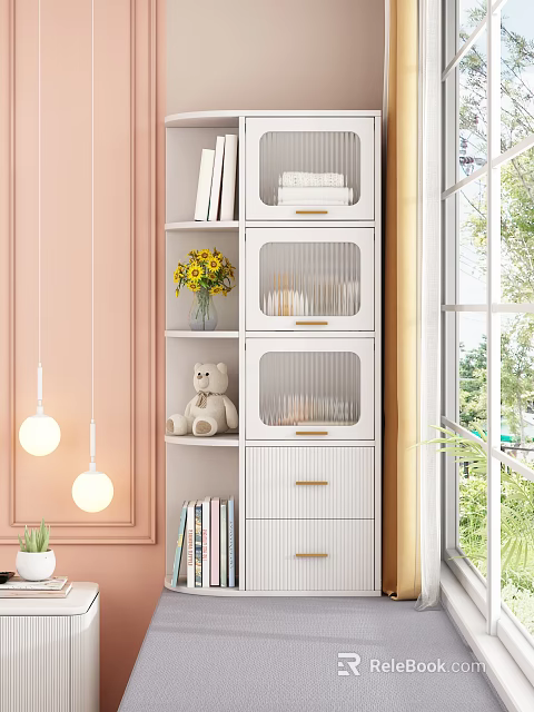 Stylish Storage Cabinet With Glass Doors Drawers Sunflowers Teddy Bear And Books On Shelves 3d model 