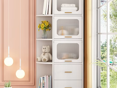 Stylish Storage Cabinet With Glass Doors Drawers Sunflowers Teddy Bear And Books On Shelves 3d model