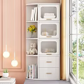 Stylish Storage Cabinet With Glass Doors Drawers Sunflowers Teddy Bear And Books On Shelves