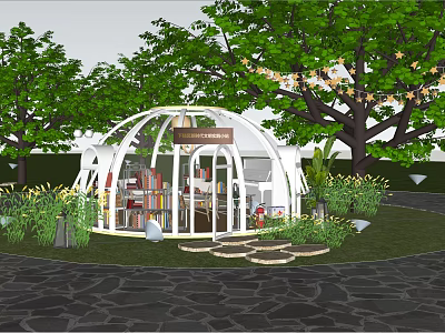 Park Landscape Featuring White Dome Structure With Bookshelves Books Green Trees And Decorative String Lights 3d model
