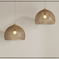 Two Natural Woven Dome Pendant Lights Illuminated On Light Wall Background