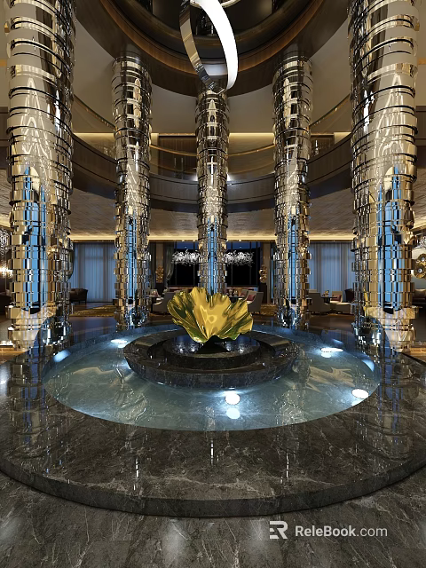 Elegant Sales Office Lobby With Golden Sculpture Mirrored Columns Fountain And Chandelier 3d model 