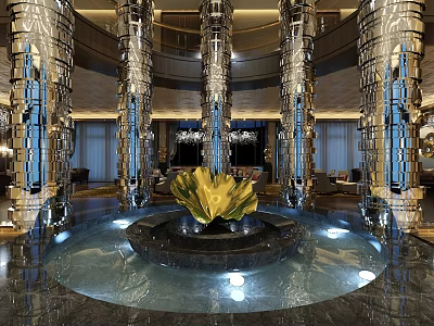 Elegant Sales Office Lobby With Golden Sculpture Mirrored Columns Fountain And Chandelier 3d model
