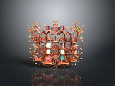 Intricate Wooden Multi Compartment Shelf For Displaying Small Electronic Appliances 3d model