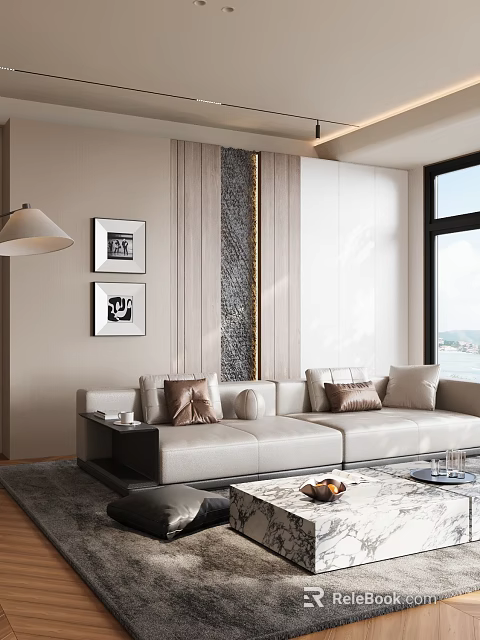 Modern Luxury Living Room With Beige Sofa Artwork Wooden Wall And Floor To Ceiling Windows 3d model 