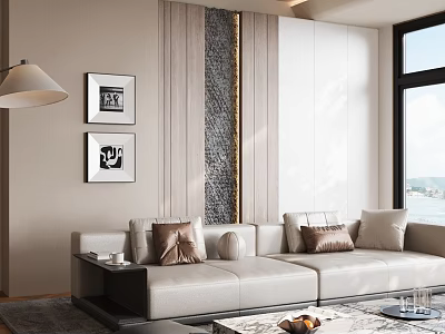 Modern Luxury Living Room With Beige Sofa Artwork Wooden Wall And Floor To Ceiling Windows 3d model
