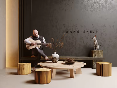 Indoor Scene With Man Playing Guitar Gray Wall Wooden Coffee Table And Decorations 3d model