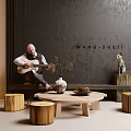 Indoor Scene With Man Playing Guitar Gray Wall Wooden Coffee Table And Decorations
