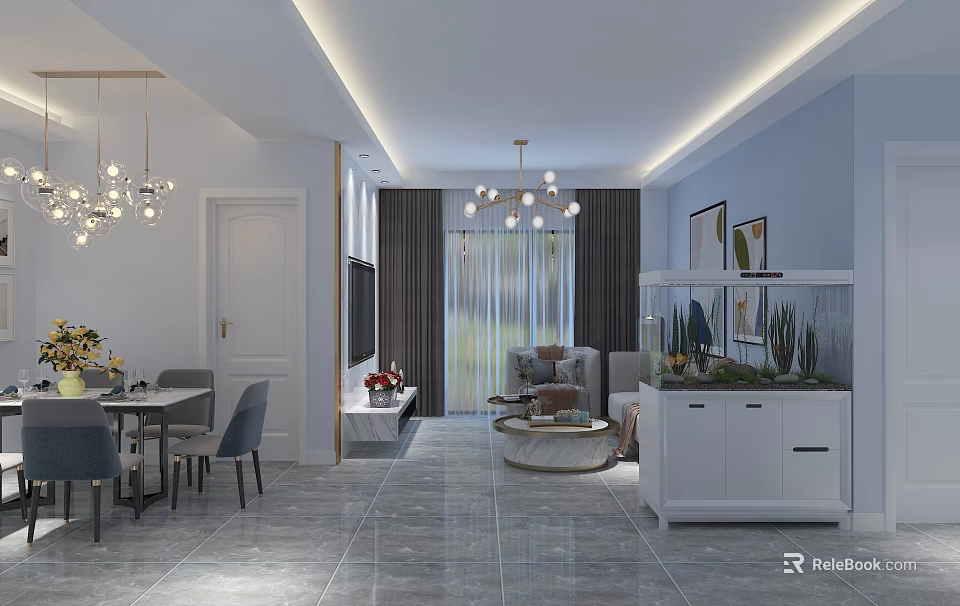Modern Living and Dining Room Interior With Chandelier Sofa Dining Table Curtains And Decorative Paintings 3d model 