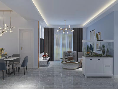Modern Living and Dining Room Interior With Chandelier Sofa Dining Table Curtains And Decorative Paintings 3d model