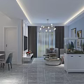 Modern Living and Dining Room Interior With Chandelier Sofa Dining Table Curtains And Decorative Paintings