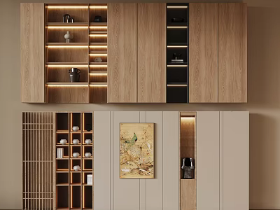 Elegant Tea Room Interior Design With Wooden Cabinets Display Shelves And Decorative Artwork 3d model