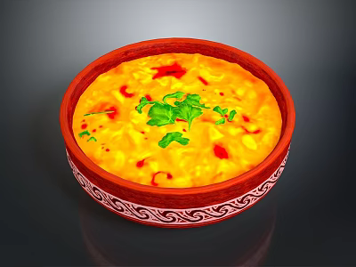 Delicious Yellow Creamy Dish in Red Patterned Bowl with Fresh Green Cilantro and Red Garnish 3d model