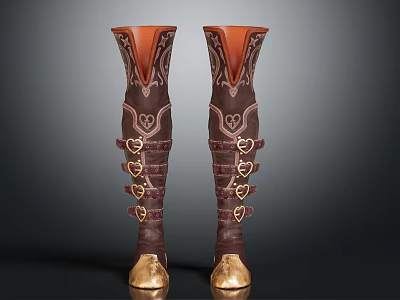 Knee High Boots Dark Brown Gold with Heart Shaped Buckles Golden Toe Caps Ornate Design 3d model