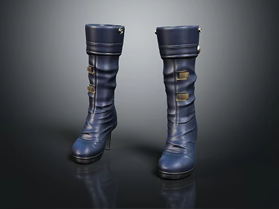 Navy Blue Leather Tall Boots Featuring Metal Buckles And Thin High Heels Design 3d model