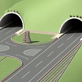 Twin Tunnel Roadway Infrastructure With Green Hills And Traffic Lanes