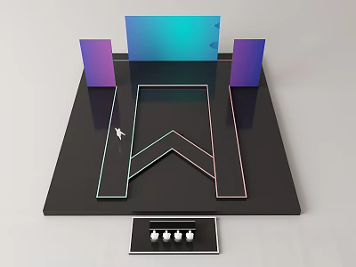 3D Stage Installation With W Shaped Geometric Structure Colorful Panels Control Panel And Figure 3d model