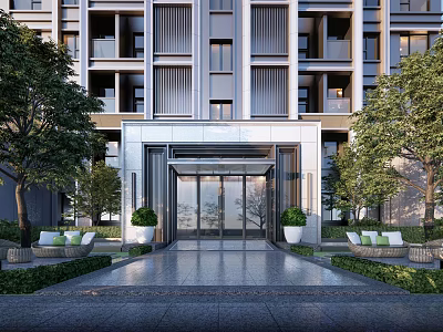 Modern Entrance Gate Of Contemporary Residential Building With Glass Doors Lush Trees And Stone Pavement 3d model