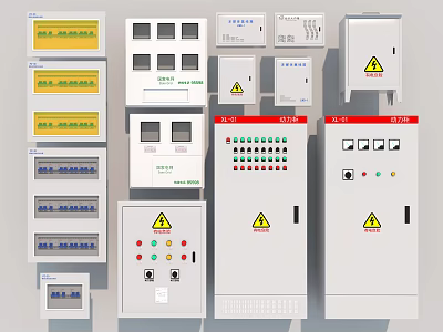 Different Switch Panels With Control Boxes Distribution Boxes Buttons Indicator Lights And Warning Signs 3d model