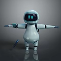 White Robot Featuring Digital Display Backpack Standing with Outstretched Arms and Tool on Ground 3d model