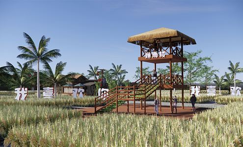 Modern Paddy Field Viewing Platform Rural Wooden Platform Viewing Platform Climb Tower Net Red Card Point Hit Looking Corridor Frame Love Theme Art Farmland Paddy Field Landscape 3d model