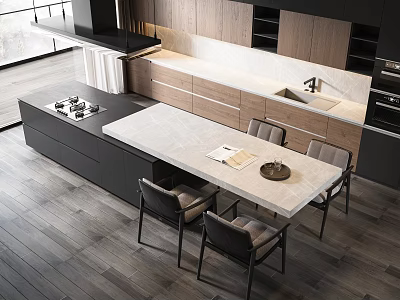 Modern Open Concept Kitchen Interior With Marble Island Counter Dining Chairs And Wooden Cabinets 3d model