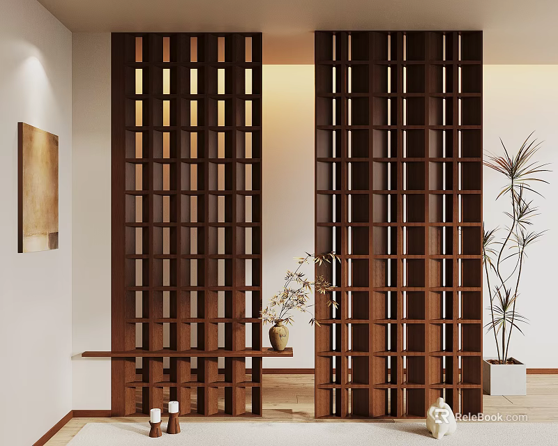 Wooden Lattice Room Divider In Modern Interior With Potted Plant And Small Table 3d model 