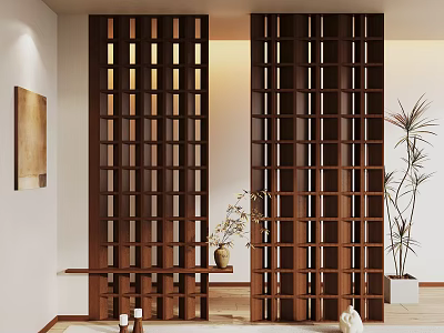 Wooden Lattice Room Divider In Modern Interior With Potted Plant And Small Table 3d model