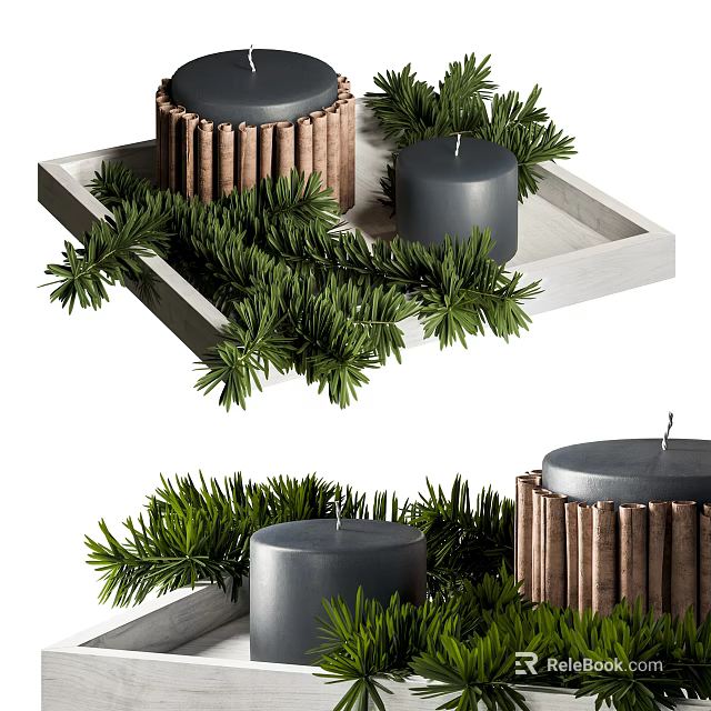 Decorative Ornament Set With Black Candles Green Pine Branches And Copper Accents On Tray 3d model 