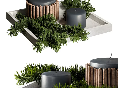 Decorative Ornament Set With Black Candles Green Pine Branches And Copper Accents On Tray 3d model