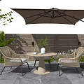 Outdoor Wicker Round Table And Chairs Set With Umbrella Plants And Wooden Fence