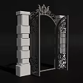 Wrought Iron Gate With Ornate Carvings Arched Frame And Stone Pillars