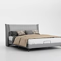 Modern Double Bed with Gray Upholstered Headboard Plaid Pillows and Beige Blanket in Sleek Design