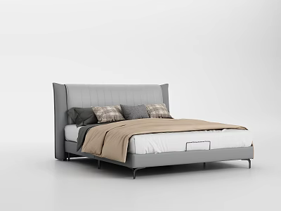 Modern Double Bed with Gray Upholstered Headboard Plaid Pillows and Beige Blanket in Sleek Design 3d model