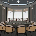Elegant Private Dining Room With Round Table Chairs And City View Through Windows 3d model