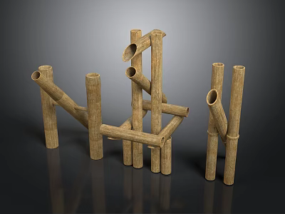 Plant Derived Wooden Structures with Hollow Tubes and Crossed Logs Against Dark Backdrop 3d model