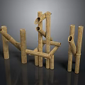 Plant Derived Wooden Structures with Hollow Tubes and Crossed Logs Against Dark Backdrop