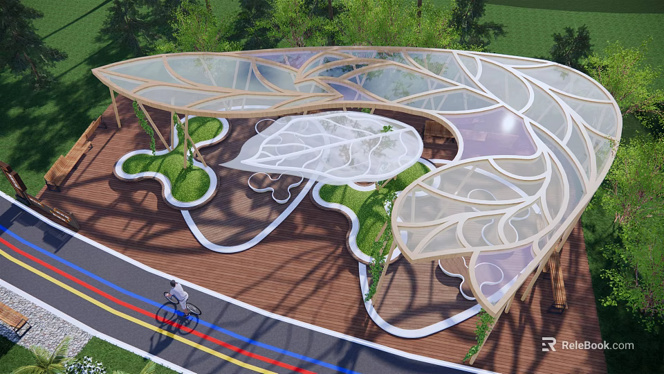 Modern Unique Pergola With Transparent Curved Roof Green Plants And Bicycle Path On Wooden Deck 3d model 